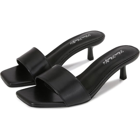 Women's Black Kitten Heels Sandal Heeled Slides Square Open Toe One Band Slip On - Picture 6 of 8